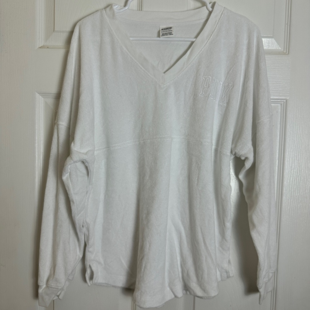 ! PINK Victoria's Secret White Y2K Terrycloth Long Sleeve V Neck Shirt Women XS